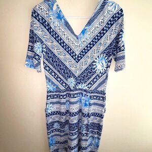 J. McLaughlin Spandex Blend V Neck Dress Pockets Blue White Sun Moon size M